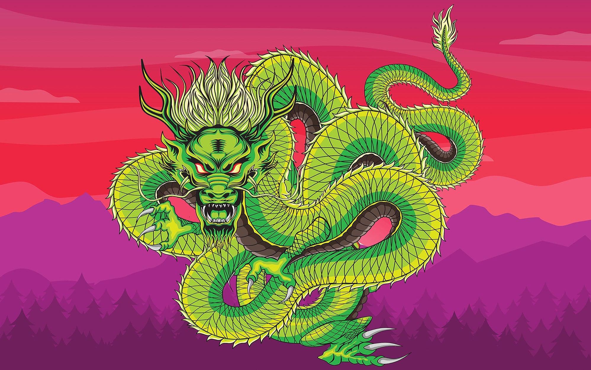 Colorful dragon mural on a wall with a purple sky and mountain backdrop