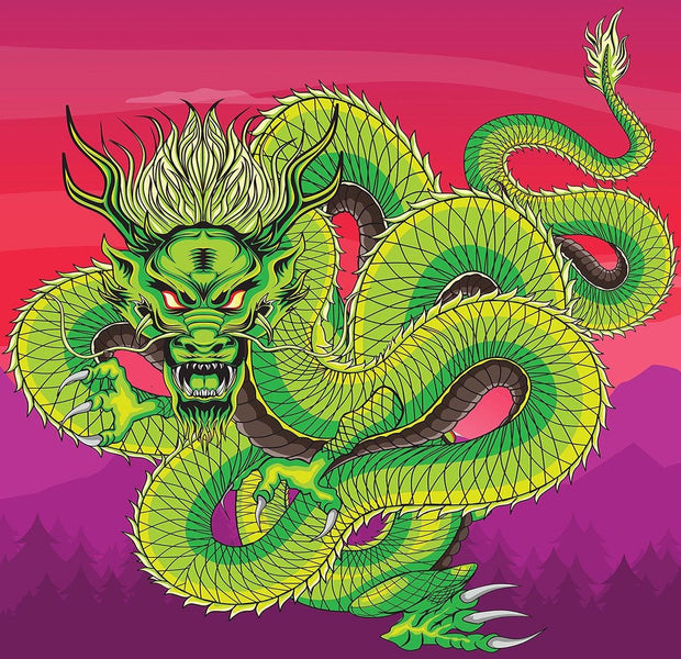 Colorful dragon mural on a wall with a purple sky and mountain backdrop