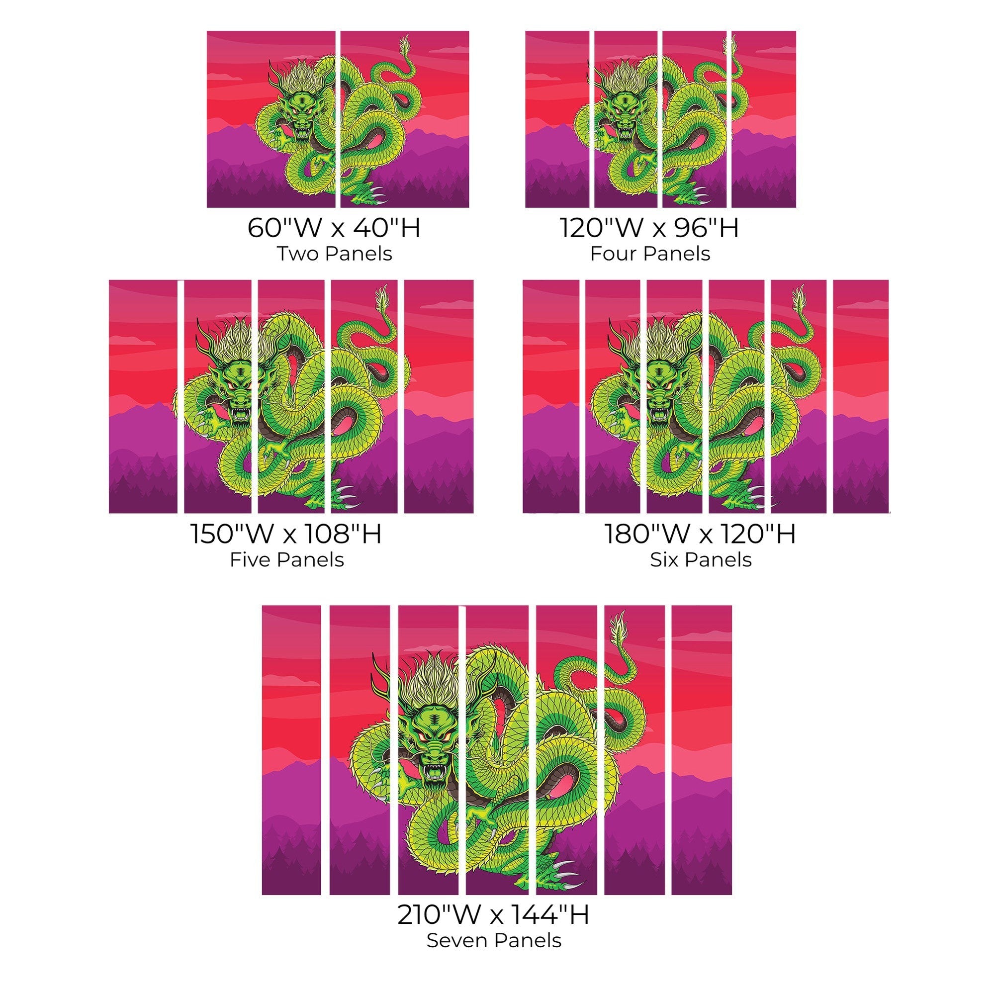 Different sizes of a vibrant dragon wall mural spread across multiple panels.