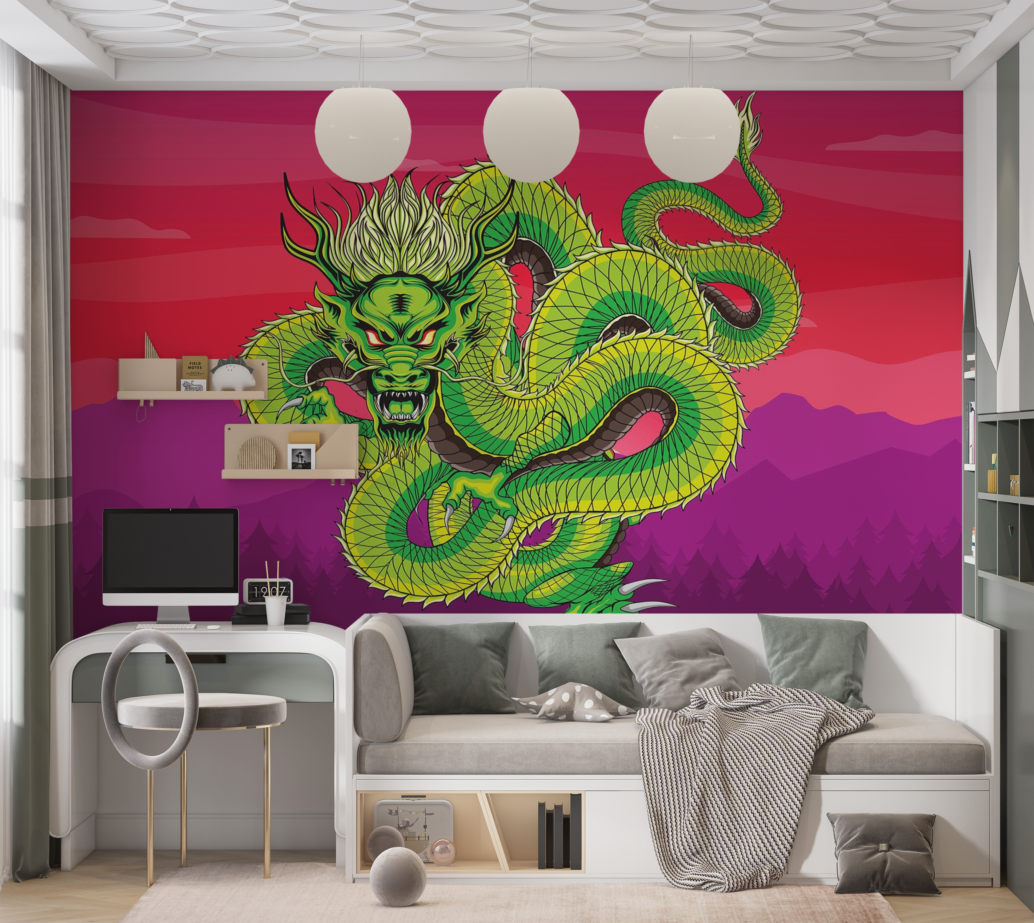 Premium Wallpaper Wall Mural - Green Dragon 60"Wx40"H / Non-Woven Fleece