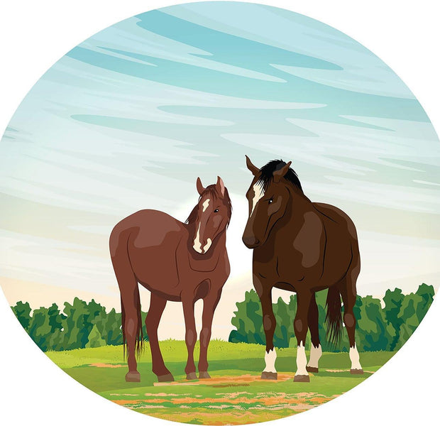 Interior wall mural depicting two horses standing in a field with a blue sky