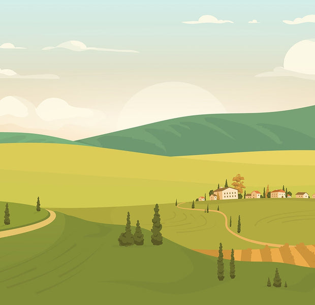 Wall mural depicting a serene landscape with rolling hills, fields, and a small village