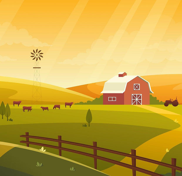 Illustration of a countryside farmhouse mural with cows, a windmill, and a barn on an interior wall.