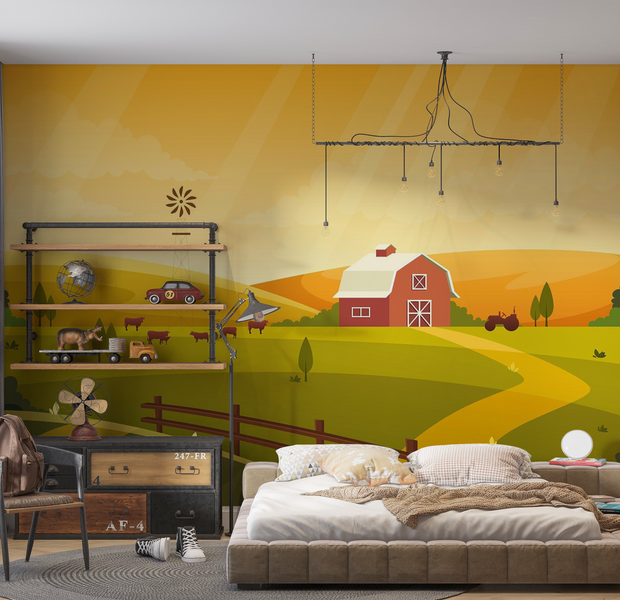 Premium Wallpaper Wall Mural - Idyllic Farm Sunset 60"Wx40"H / Non-Woven Fleece