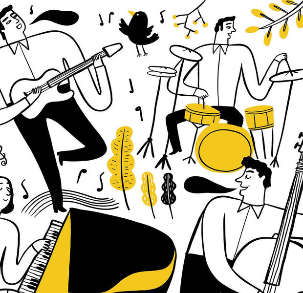 Wall mural in a bold black and yellow color scheme featuring an animated jazz band with musicians playing saxophone, drums, piano, and double bass