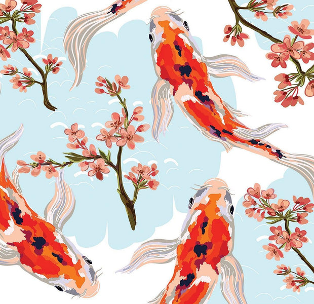 Vibrant wall mural featuring orange and white koi fish swimming among pink cherry blossoms on a blue background