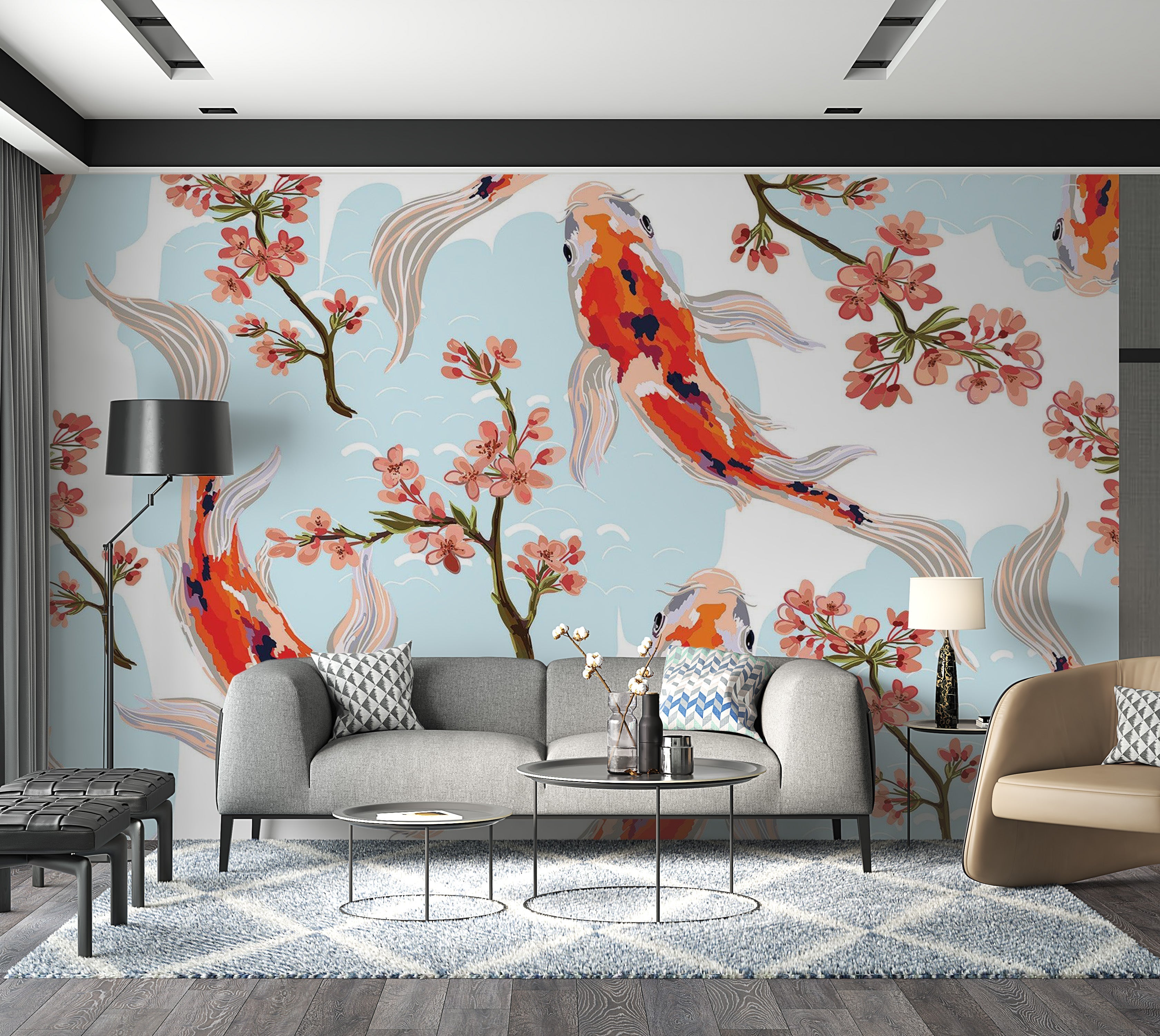 Premium Peel & Stick Wall Mural - Koi Fish Bloom