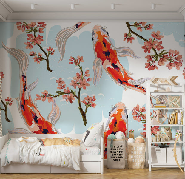 Premium Peel & Stick Wall Mural - Koi Fish Bloom