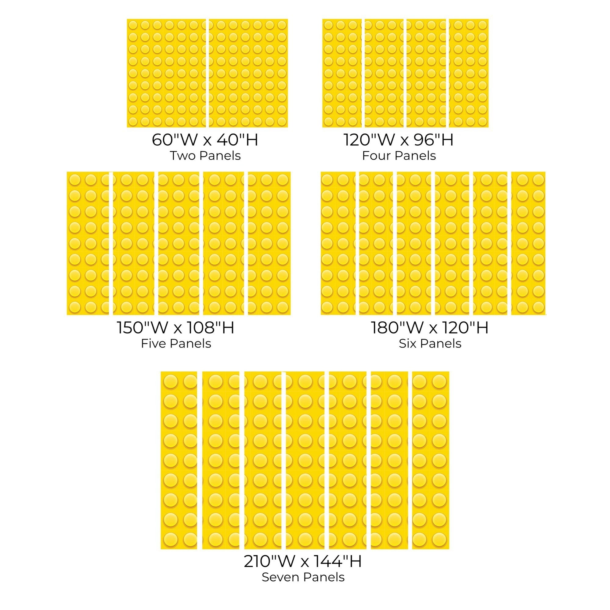 Various sizes of yellow circular pattern wall mural displayed in a grid format