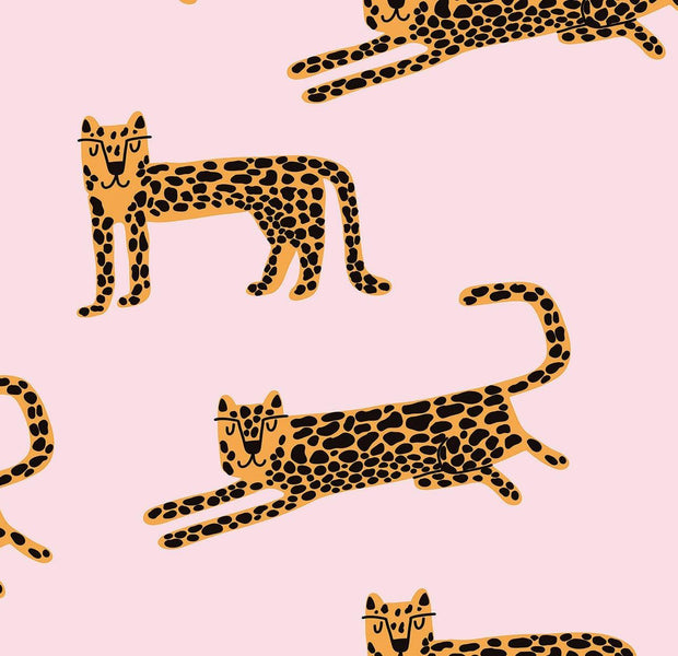 A playful and vibrant wall mural featuring a repeated pattern of stylized cheetahs on a pink background