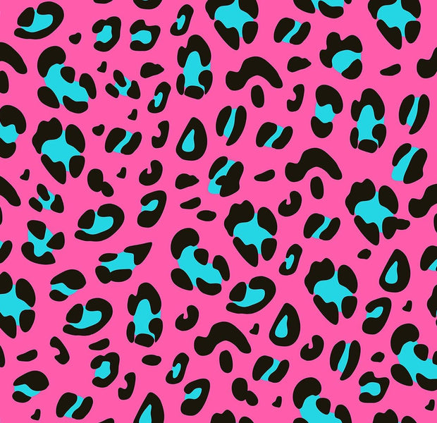 Abstract wall mural with pink background and blue leopard print pattern