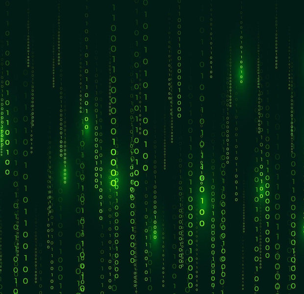 Matrix code-inspired digital wall mural with green numbers on a black background