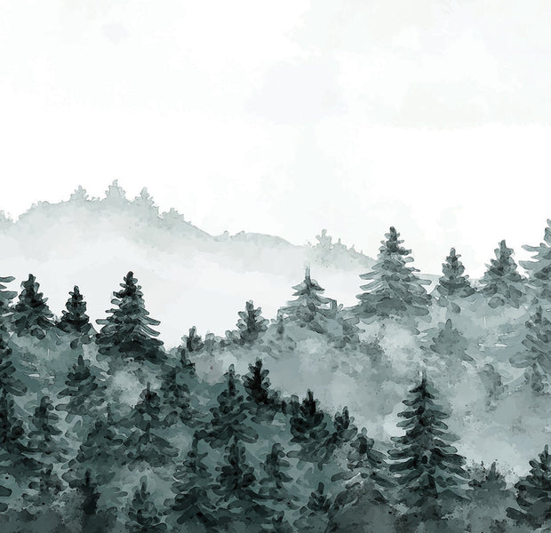 Wall interior with a mural depicting a stylized forest with layers of trees and mist