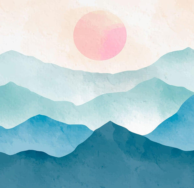 Abstract mountain range wall mural with a pastel sunset
