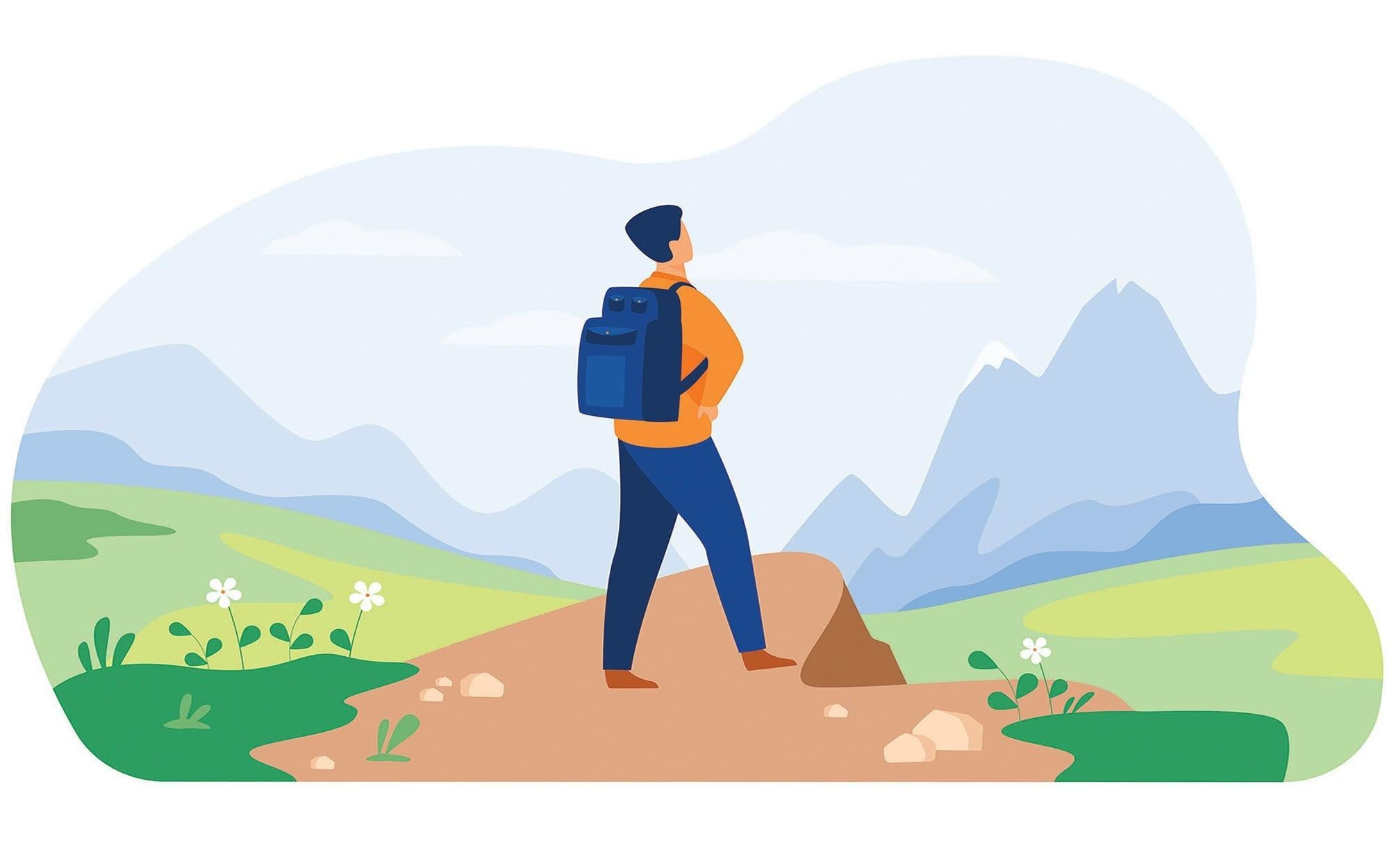 Illustration of a wall mural featuring a person with a backpack standing on a hilltop overlooking a scenic mountain landscape