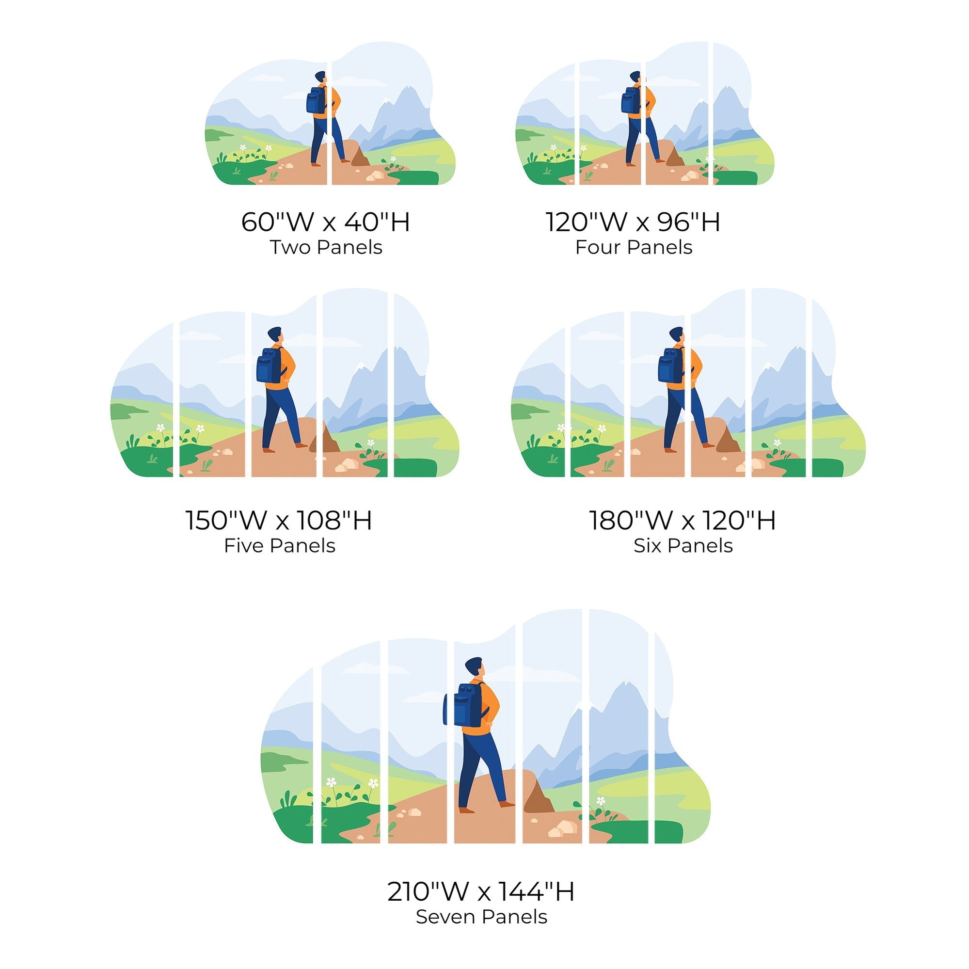 A series of illustrations showing wall murals with a landscape of mountains and a figure of an explorer in various panel configurations and sizes.