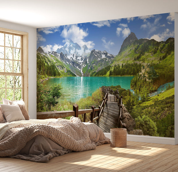 Premium Peel & Stick Wall Mural - Mountain Lake Panorama