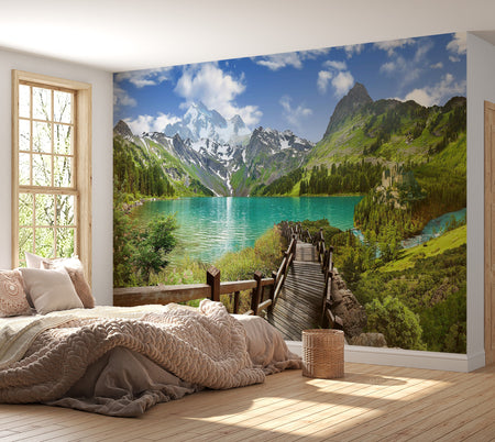 Premium Wallpaper Wall Mural - Mountain Lake Panorama 60"Wx40"H / Non-Woven Fleece