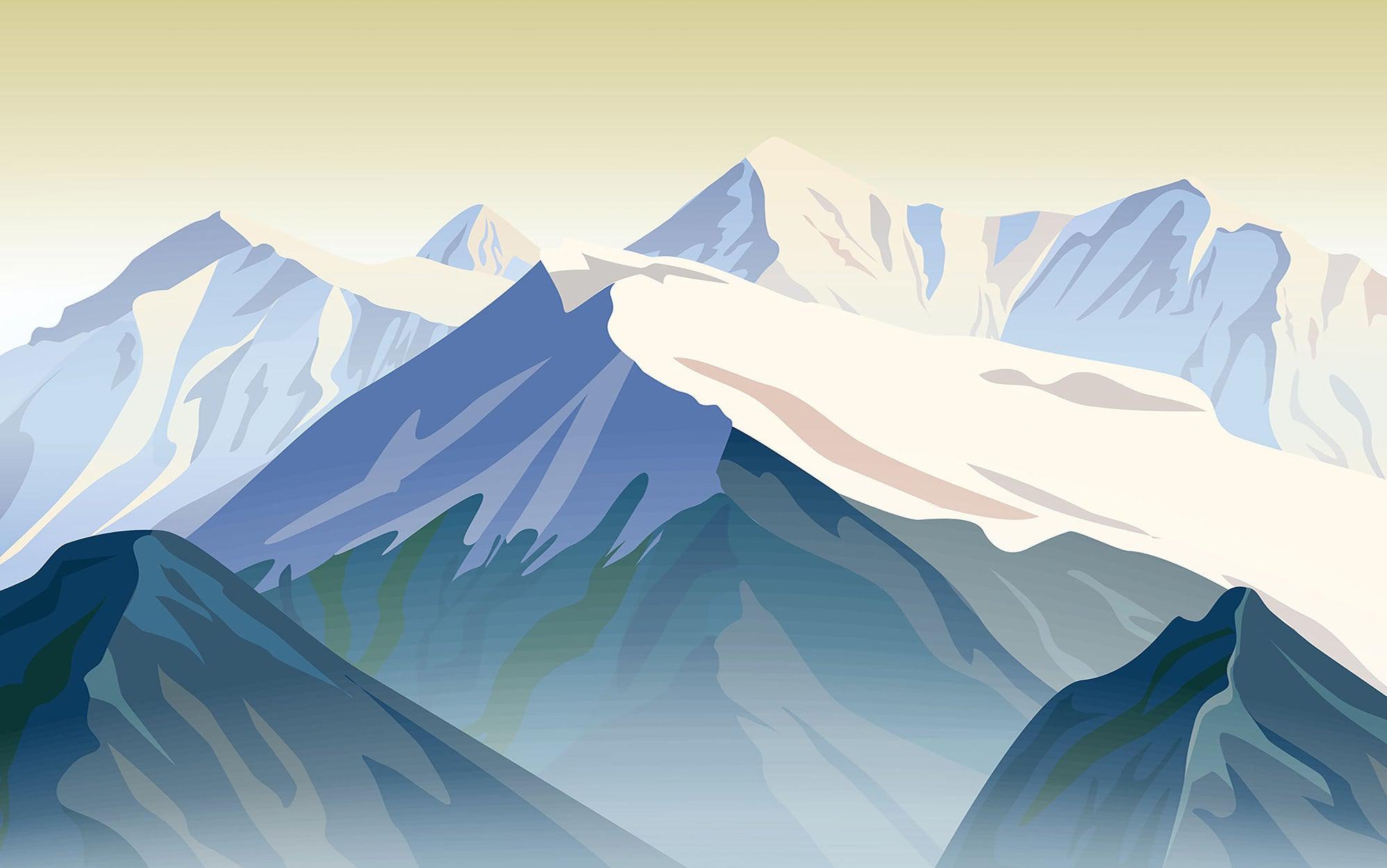 A stylized wall mural painting of mountain ranges with snow-capped peaks and shaded valleys in a room interior