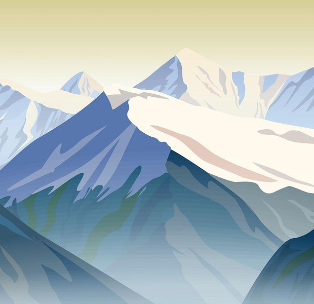 A stylized wall mural painting of mountain ranges with snow-capped peaks and shaded valleys in a room interior
