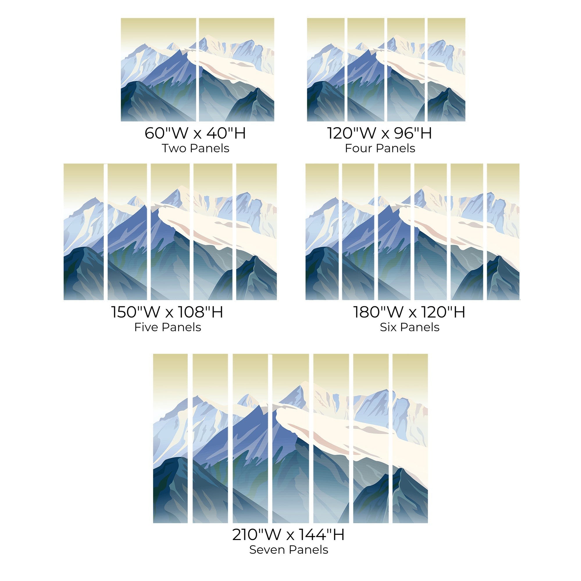 Various size options for a mountain range wall mural depicted in an illustrated format