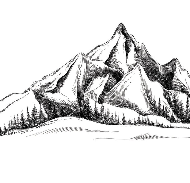 A black and white wall mural of a mountain range with intricate details inside a room.