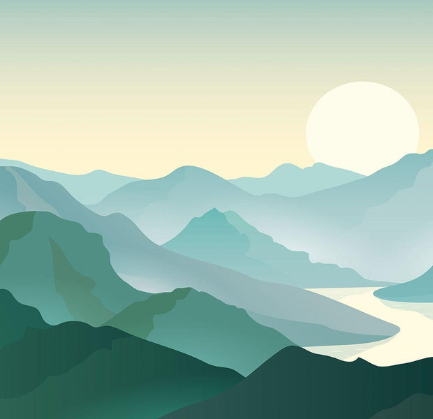 A serene wall mural depicting layers of mountain ranges with a river flowing through and a soft sun in the sky