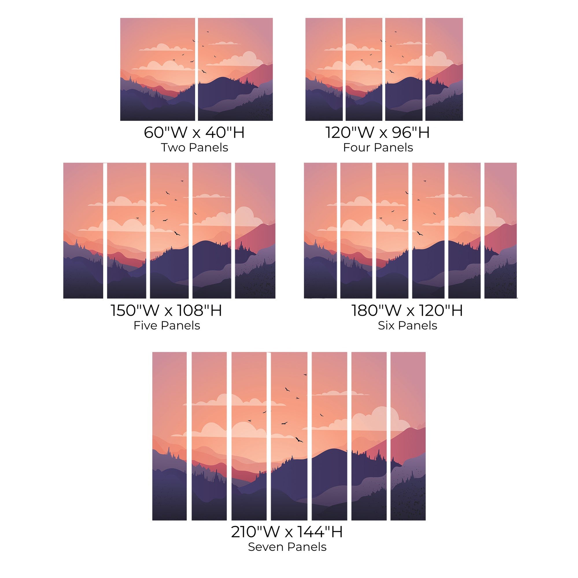 Various sizes of a wall mural depicting a mountain sunset scene with flying birds divided into two, four, five, six, and seven panels.