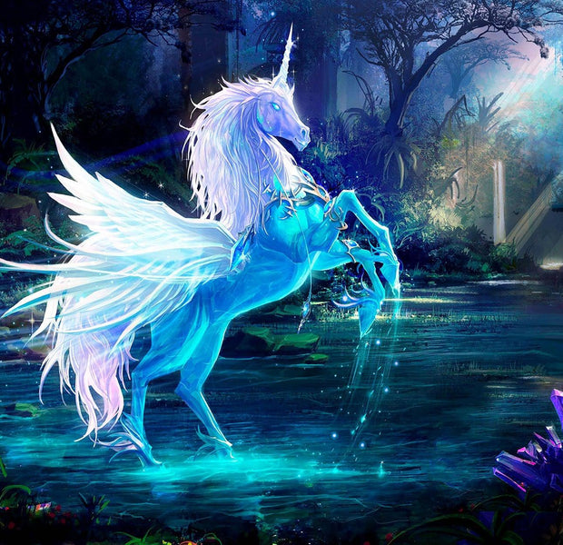 A vibrant wall mural depicting a mythical unicorn with wings by a river in an enchanted forest setting