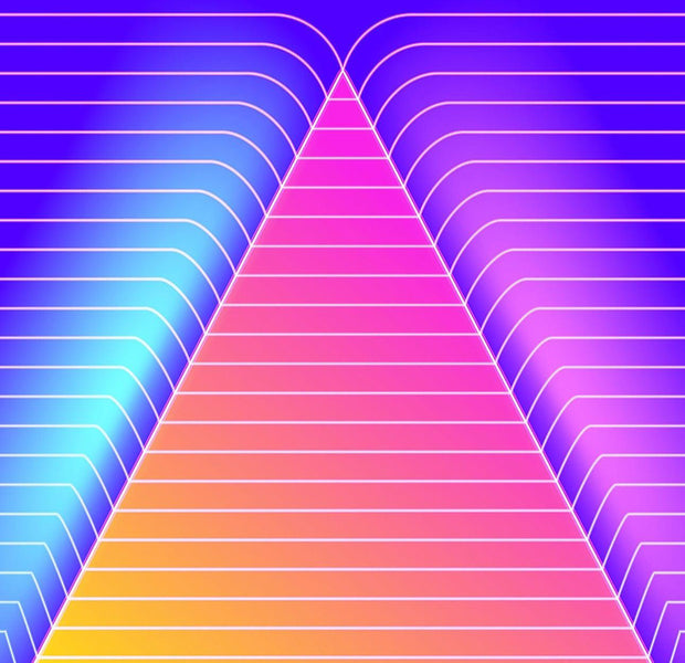 A vibrant wall mural featuring a retro geometric design with neon colors and a stylized 3D effect