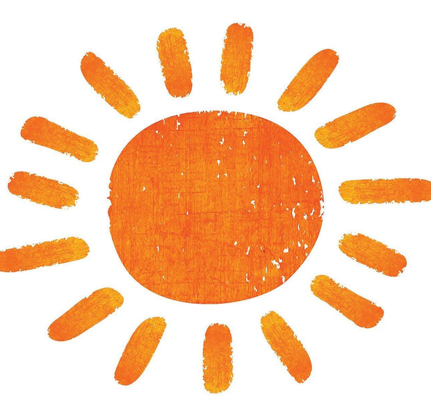 Orange sun mural painting on a white wall interior