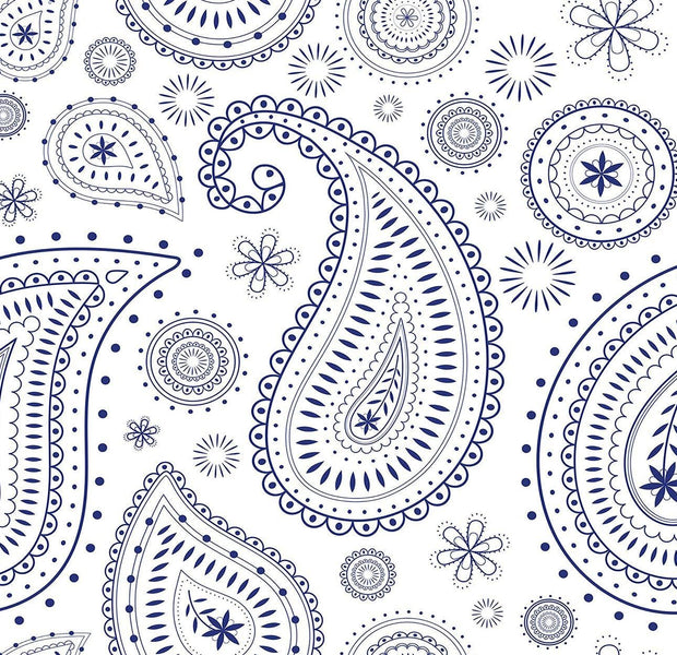 Intricate blue paisley pattern on a white wall mural in an interior setting