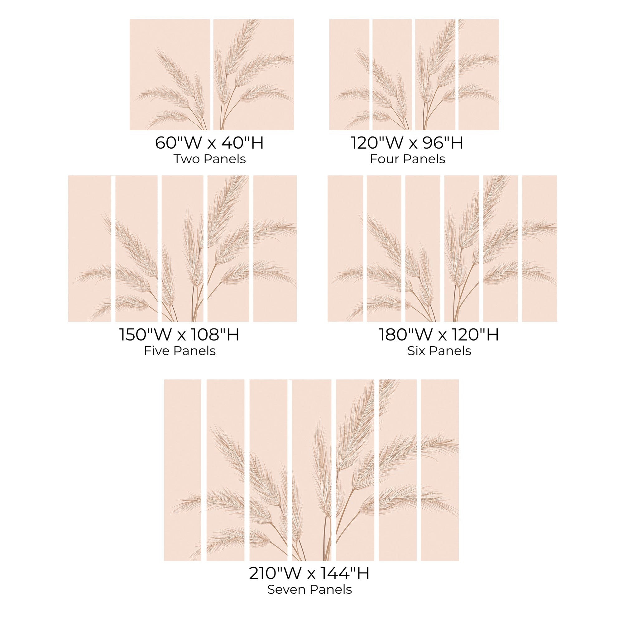 Various sizes of a wall mural with wheat design shown in two-panel to seven-panel configurations