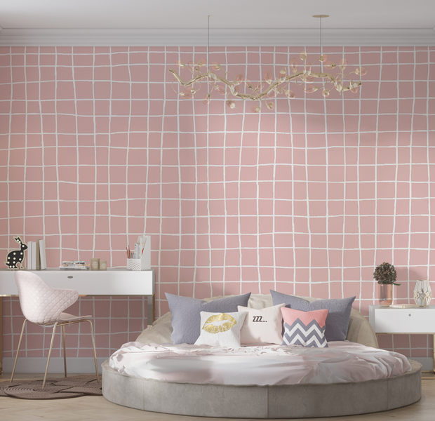 Premium Wallpaper Wall Mural - Pastel Pink Grid 60"Wx40"H / Non-Woven Fleece
