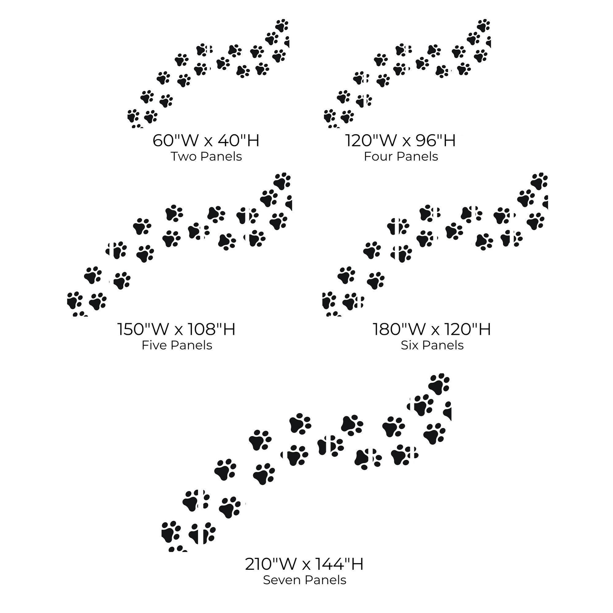 Various size options for a wall mural featuring paw print patterns with descriptions for two to seven panels.