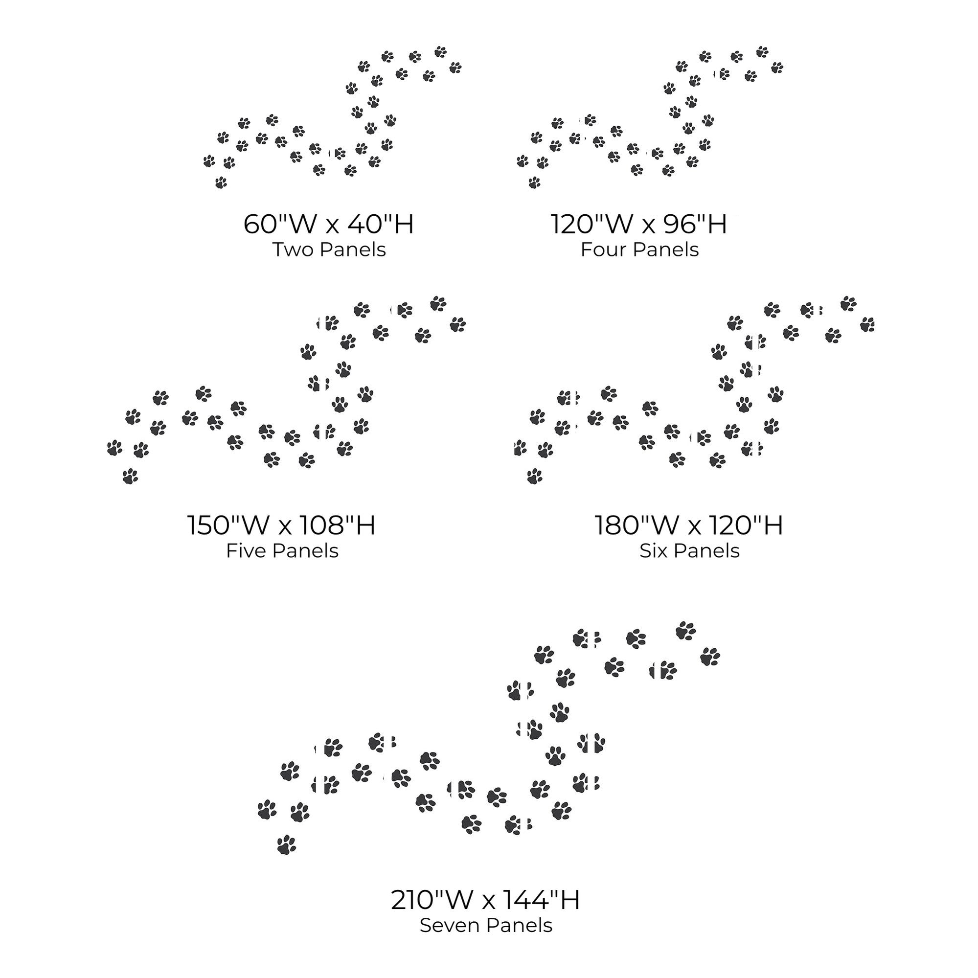 Size chart displaying various dimensions for wall murals in inches, with illustrations of different panel configurations ranging from two to seven panels.