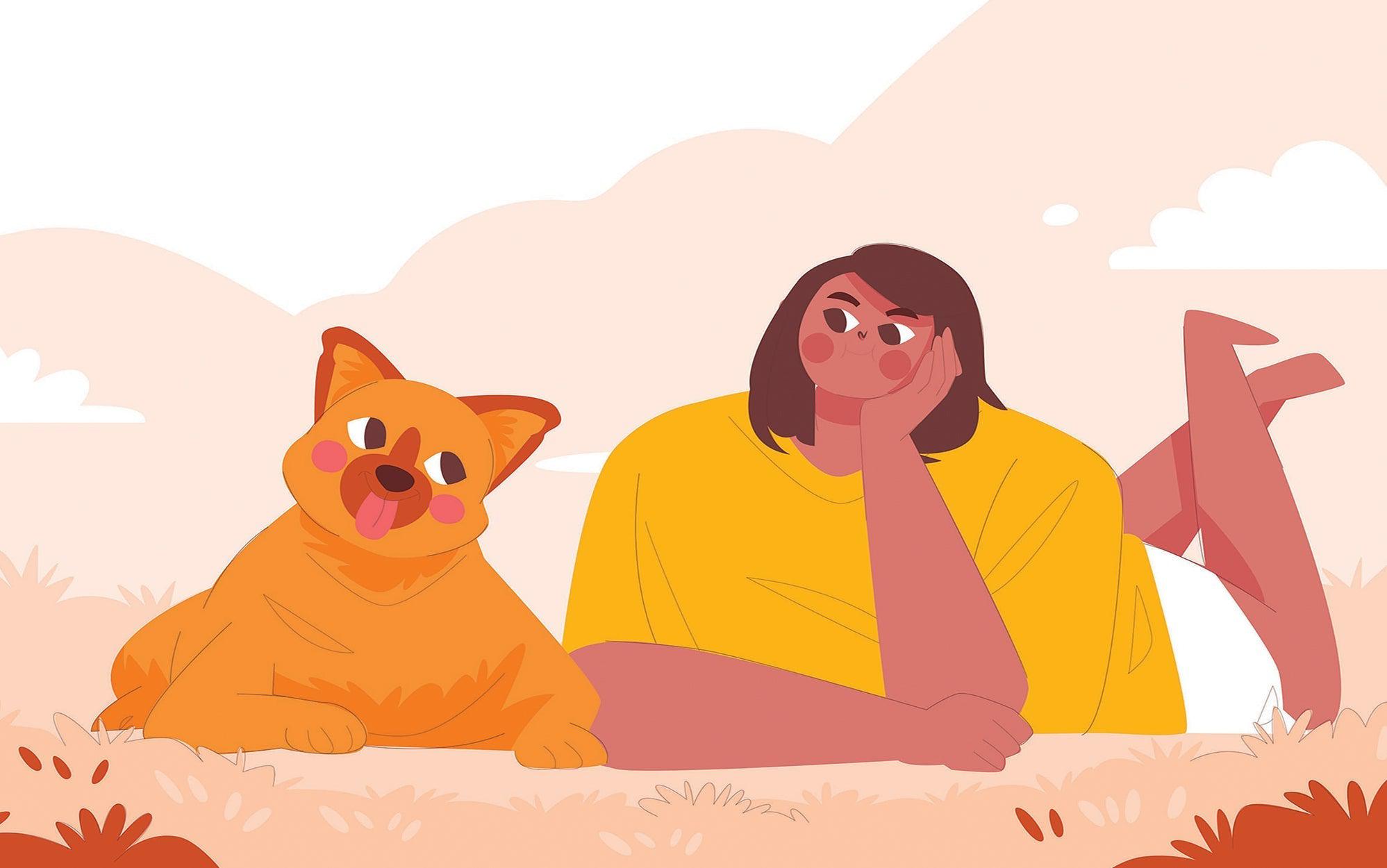 Illustration of a girl and a dog with similar expressions against a mural background