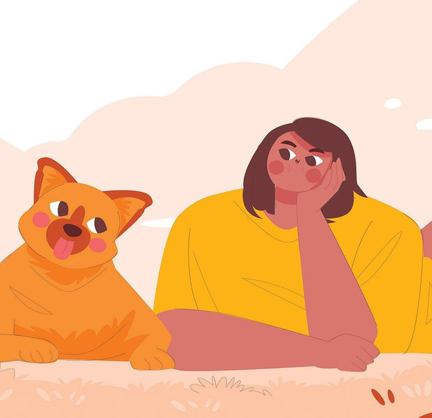 Illustration of a girl and a dog with similar expressions against a mural background