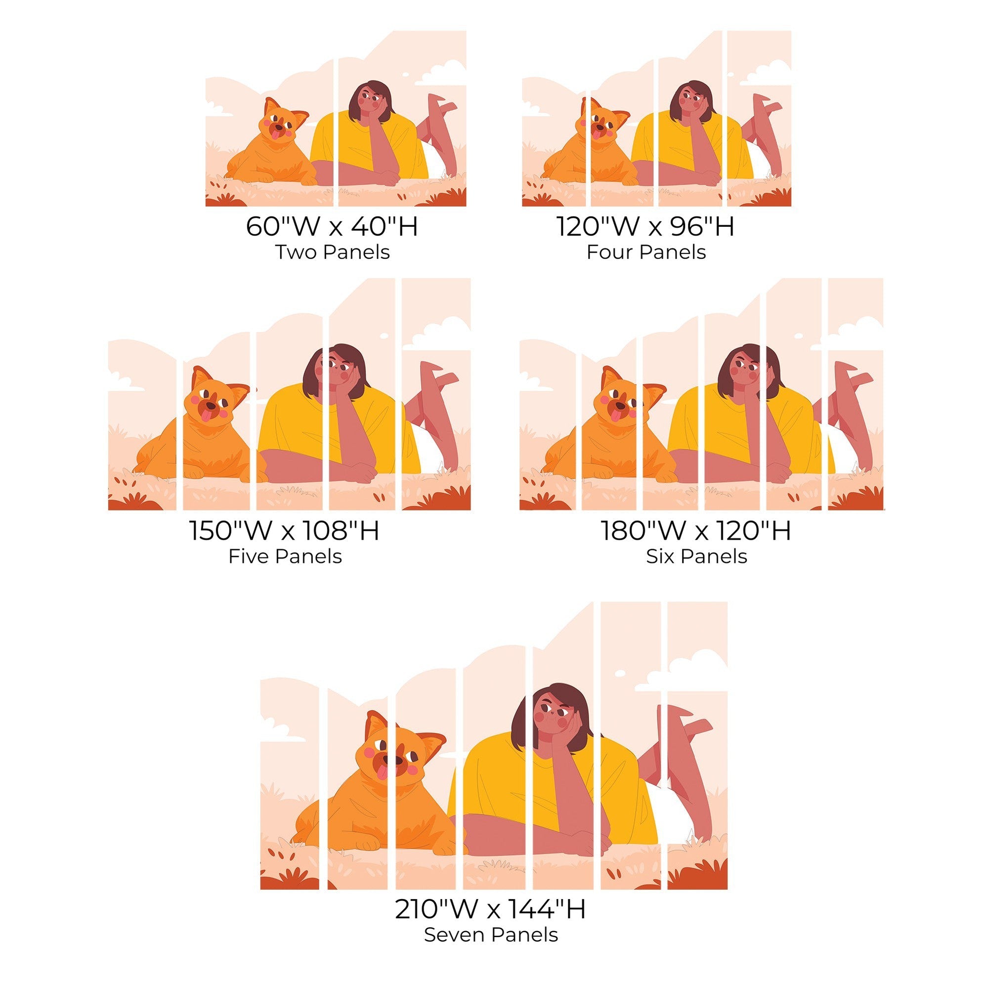 A variety of wall mural sizes showing an illustration of a person with a dog in different panel configurations.
