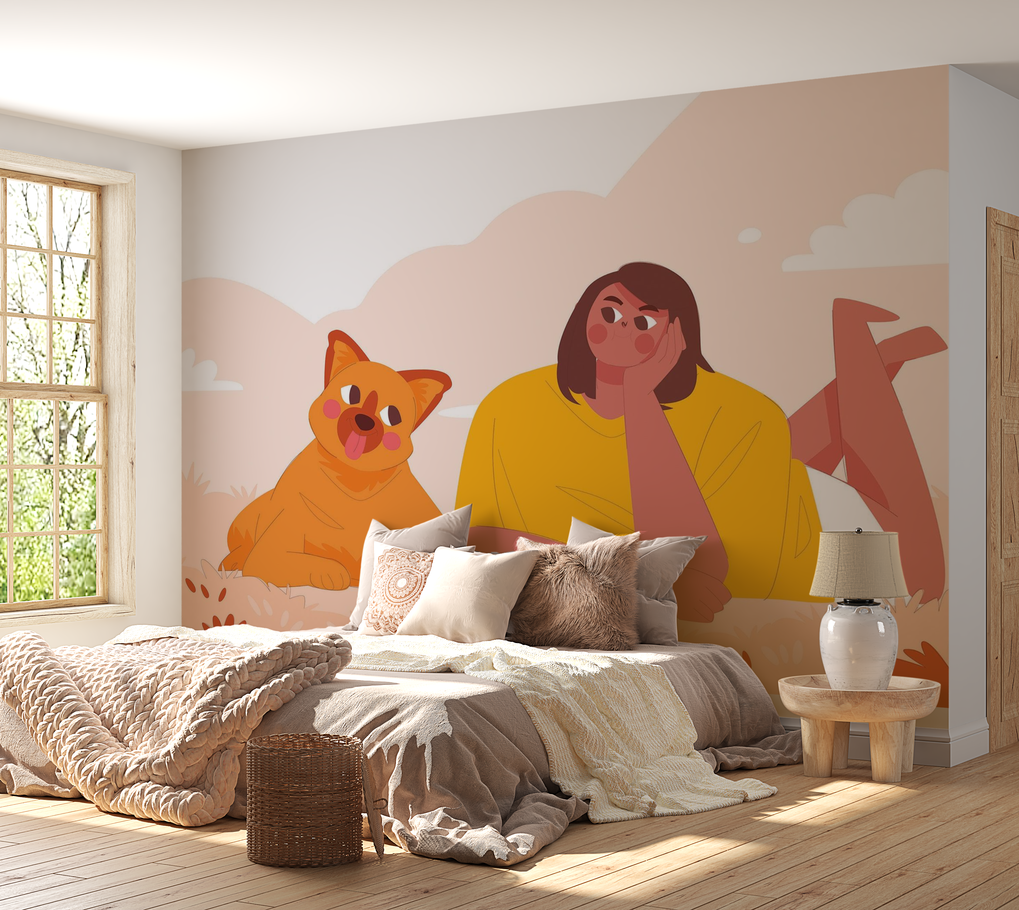 Premium Wallpaper Wall Mural - Person and Cat Illustration 60"Wx40"H / Non-Woven Fleece