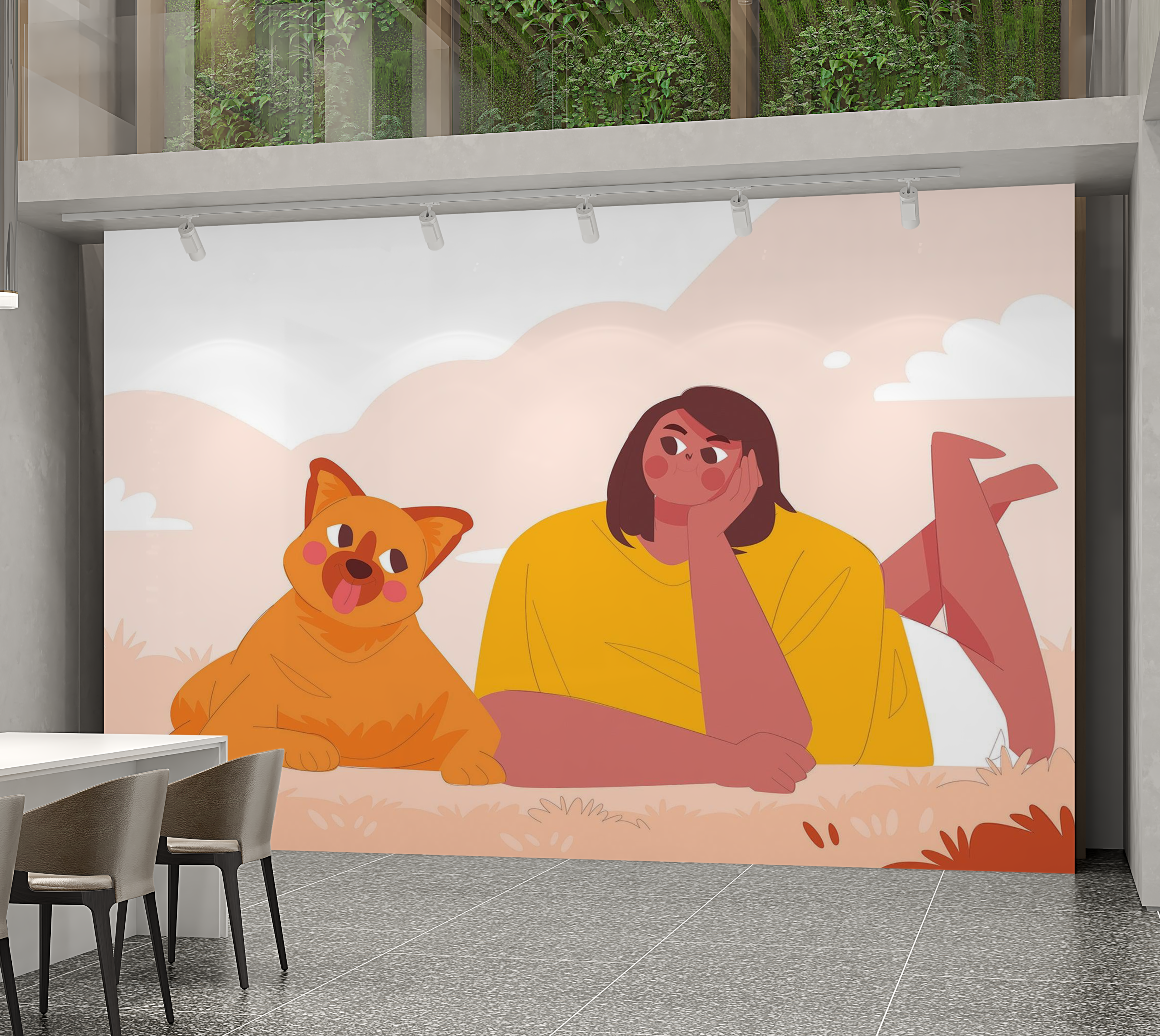 Premium Wallpaper Wall Mural - Person and Cat Illustration 60"Wx40"H / Non-Woven Fleece