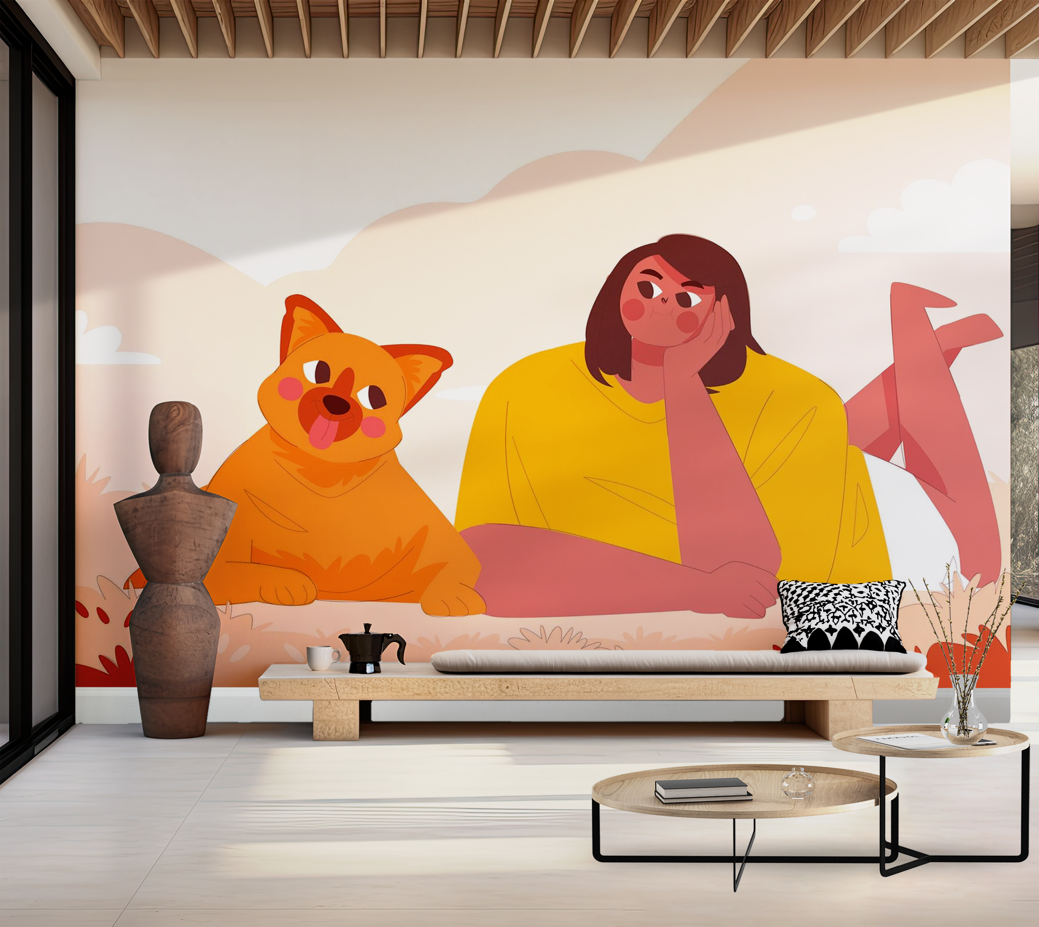 Premium Wallpaper Wall Mural - Person and Cat Illustration 60"Wx40"H / Non-Woven Fleece