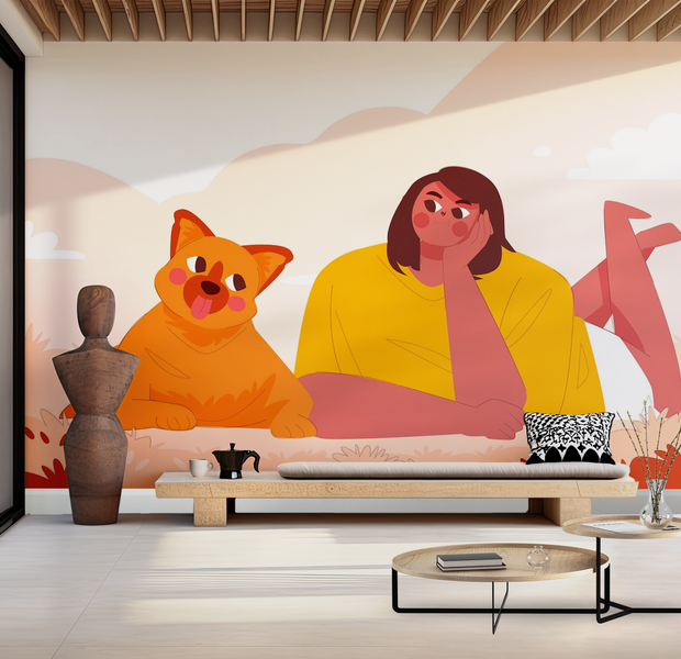 Premium Wallpaper Wall Mural - Person and Cat Illustration 60"Wx40"H / Non-Woven Fleece