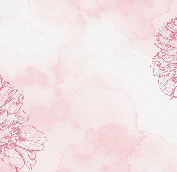 A pink watercolor-style wall mural with hand-drawn peonies in a soft and elegant interior setting