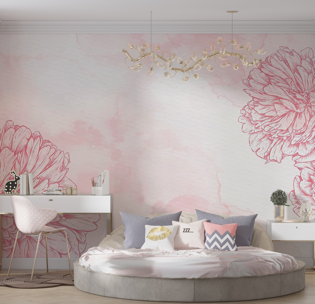 Premium Wallpaper Wall Mural - Pink Floral Sketch 60"Wx40"H / Non-Woven Fleece