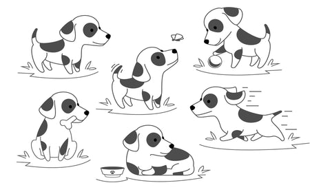 Wall mural featuring various cartoon dogs in monochrome