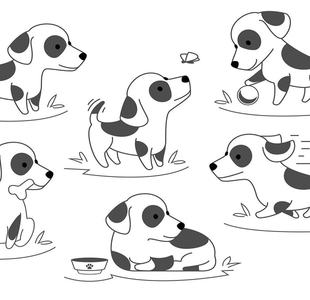Wall mural featuring various cartoon dogs in monochrome