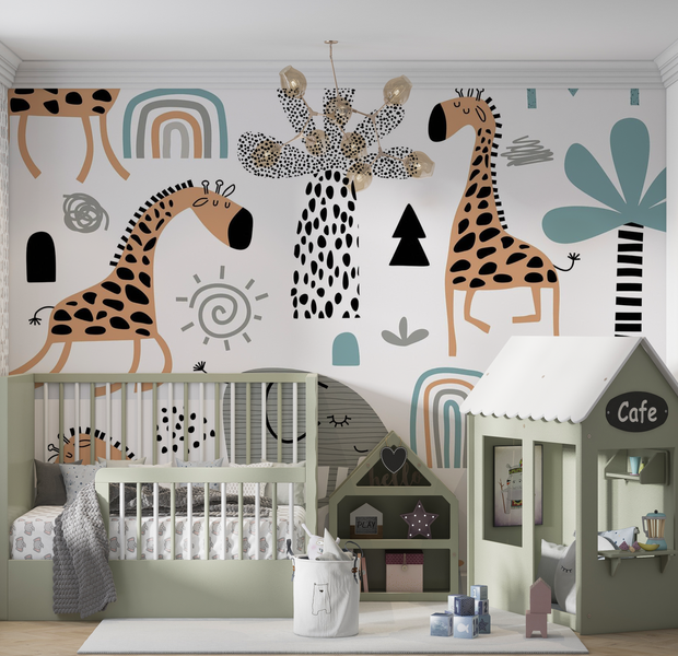 Premium Wallpaper Wall Mural - Playful Safari Animals 60"Wx40"H / Non-Woven Fleece