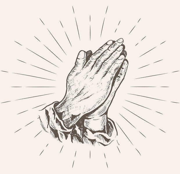 Illustration of praying hands as a wall mural with radiating lines in the background