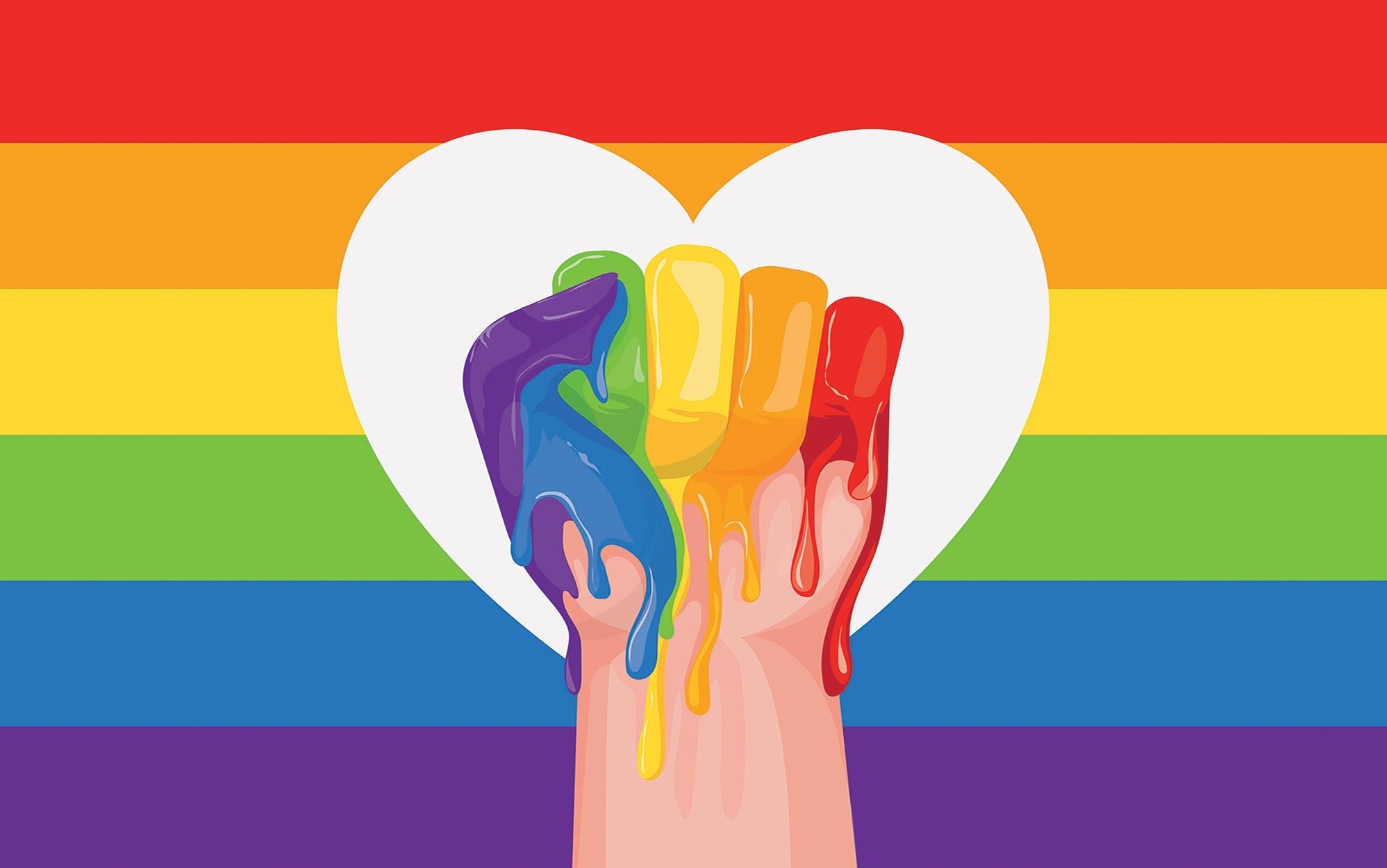 Wall mural depicting a painted hand in rainbow colors with a heart and pride flag background